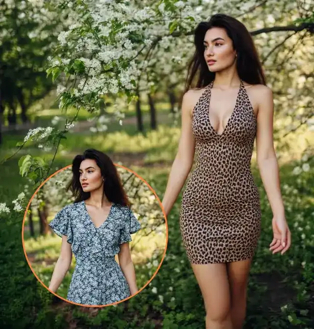 AI 换装示例：同一位女士身上的碎花连衣裙被替换为豹纹连衣裙